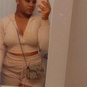 Two Piece Suede Set shorts and long sleeve hoodie